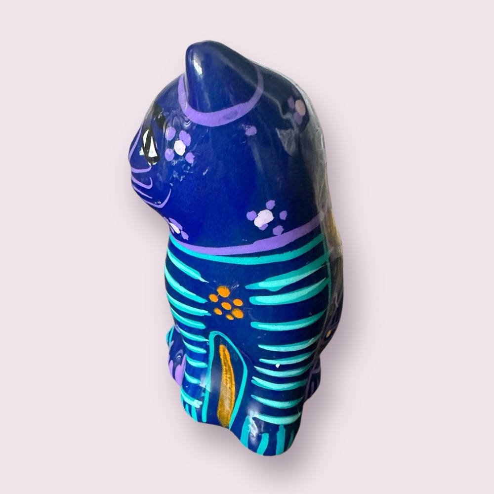 Vintage Hand Painted Ceramic Mexican Folk Art Talavera Cat Figurine With Flowers - Picture 5 of 13